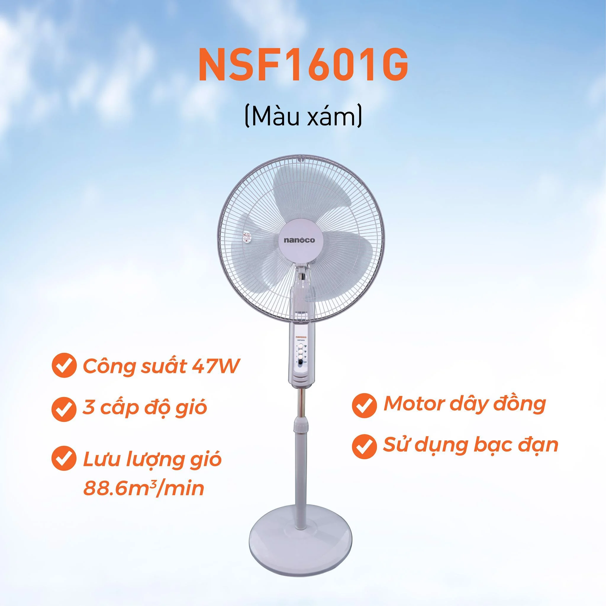 Quạt Đứng Nanoco NSF1601G (Màu xám)