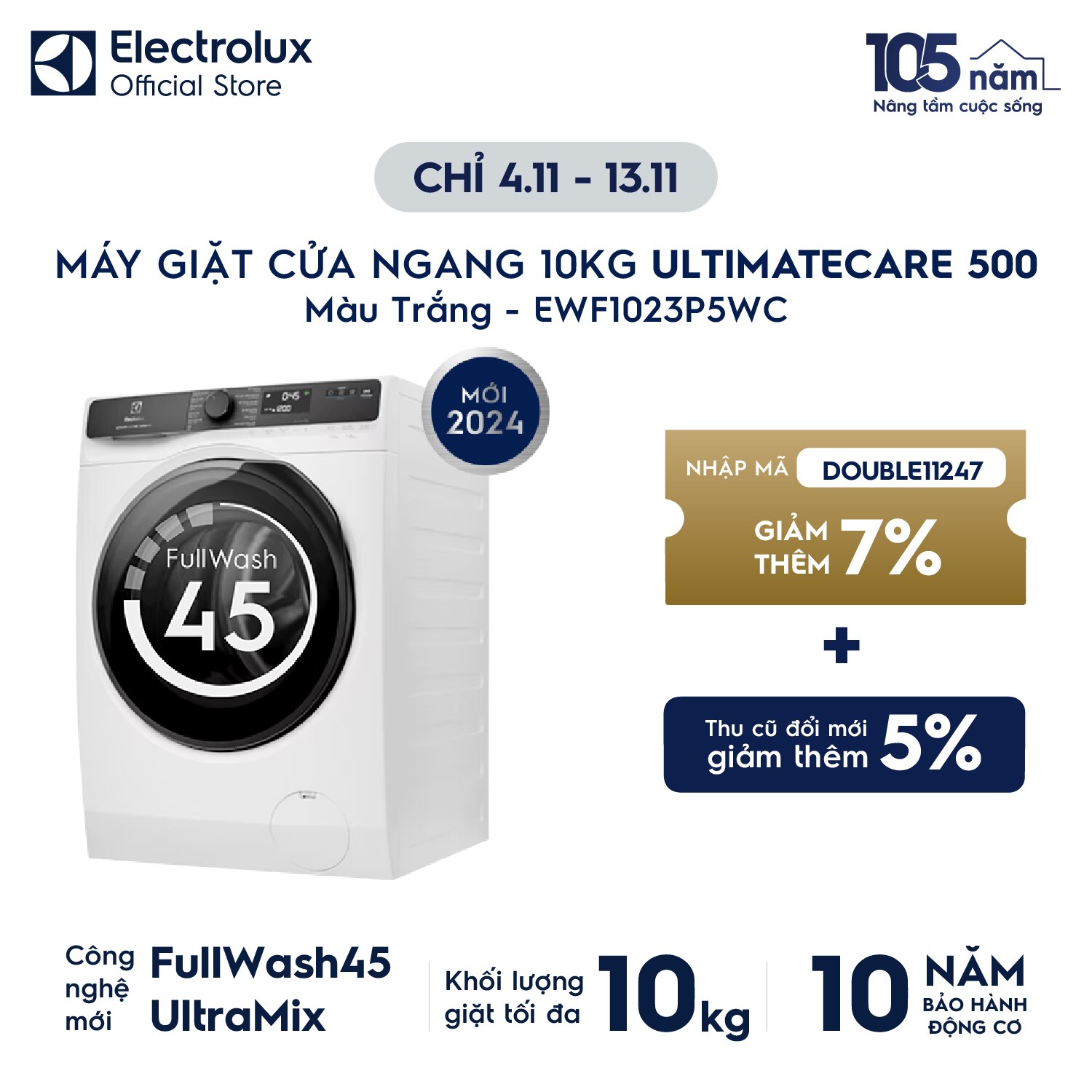 Máy giặt Electrolux Inverter 10 kg EWF1023P5WC