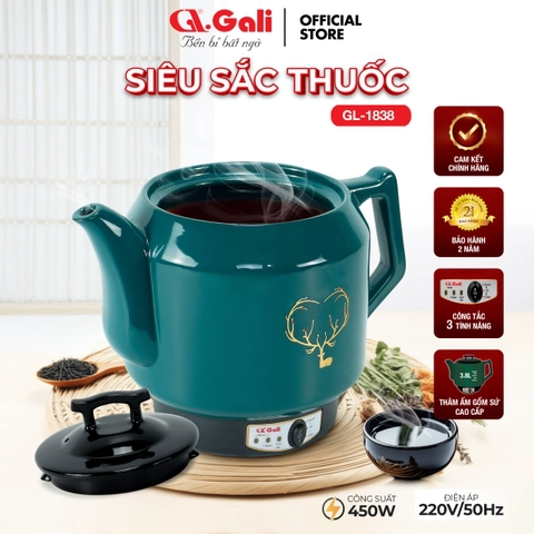 Siêu sắc thuốc Gali GL-1838 3,8 lít men đá chống dính sắc tự động tặng kèm 4 phụ kiện, 2 vòng sứ